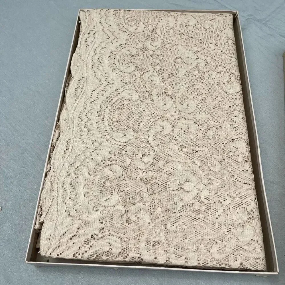 Vintage Pennicraft cream tan colored lace table cloth rectangle 84” x 64”.